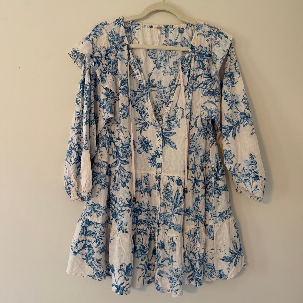Free People Blue Floral Ruffle Tiered Bib Mini Dress Long Sleeve Cotton Size XS